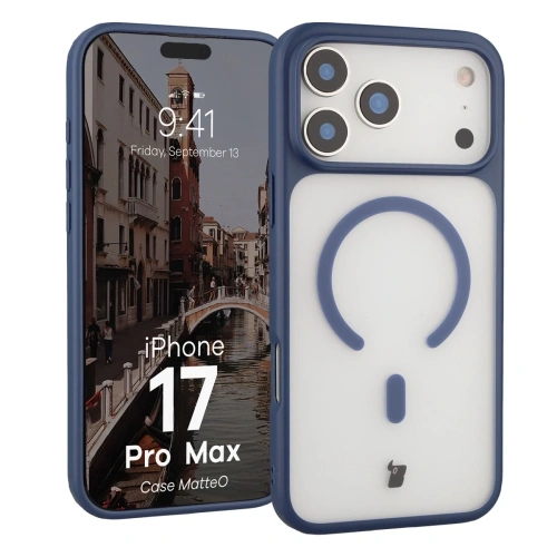 Etui z pierścieniem magnetycznym Bizon Case MatteO do Apple iPhone 17 Pro Max przydymione-granatowe