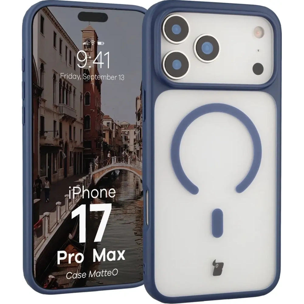 Etui z pierścieniem magnetycznym Bizon Case MatteO do Apple iPhone 17 Pro Max przydymione-granatowe