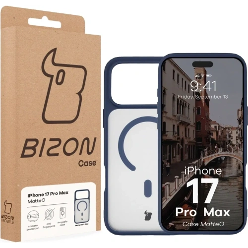 Etui z pierścieniem magnetycznym Bizon Case MatteO do Apple iPhone 17 Pro Max przydymione-granatowe
