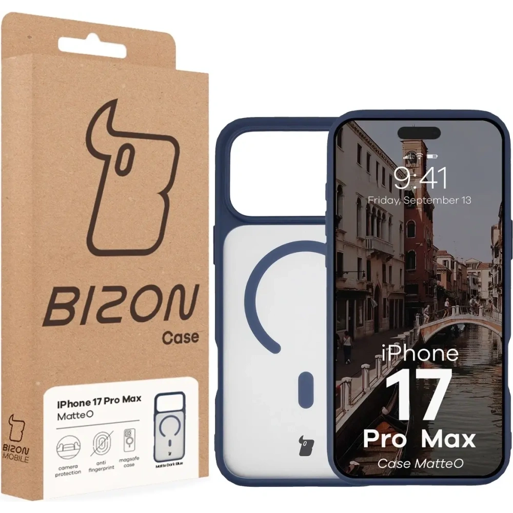 Etui z pierścieniem magnetycznym Bizon Case MatteO do Apple iPhone 17 Pro Max przydymione-granatowe