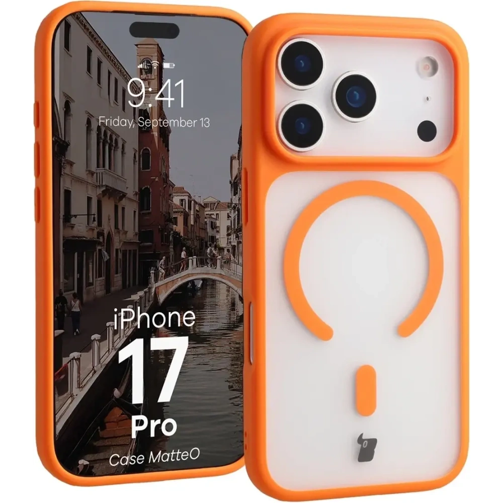 Etui z pierścieniem magnetycznym Bizon Case MatteO do Apple iPhone 17 Pro przydymione-pomarańczowe