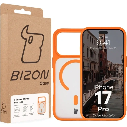Etui z pierścieniem magnetycznym Bizon Case MatteO do Apple iPhone 17 Pro przydymione-pomarańczowe