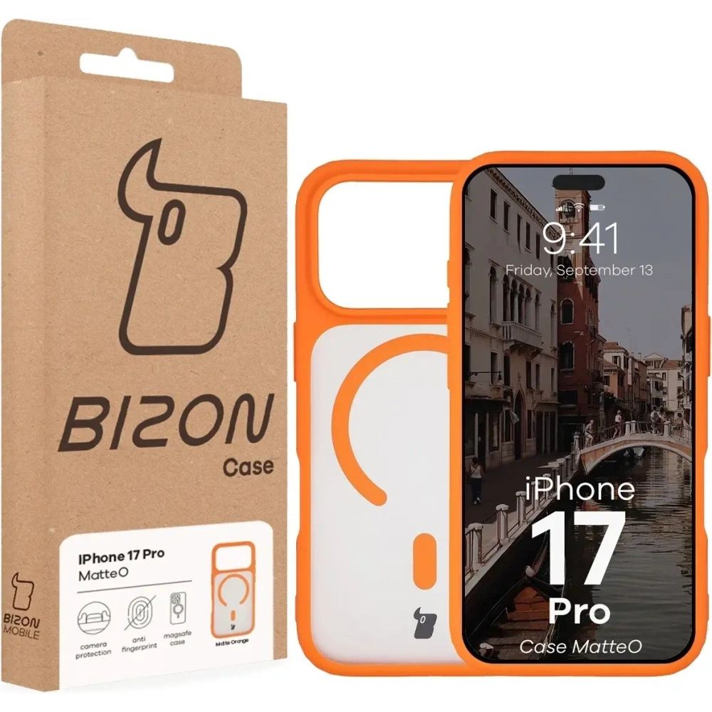 Etui z pierścieniem magnetycznym Bizon Case MatteO do Apple iPhone 17 Pro przydymione-pomarańczowe