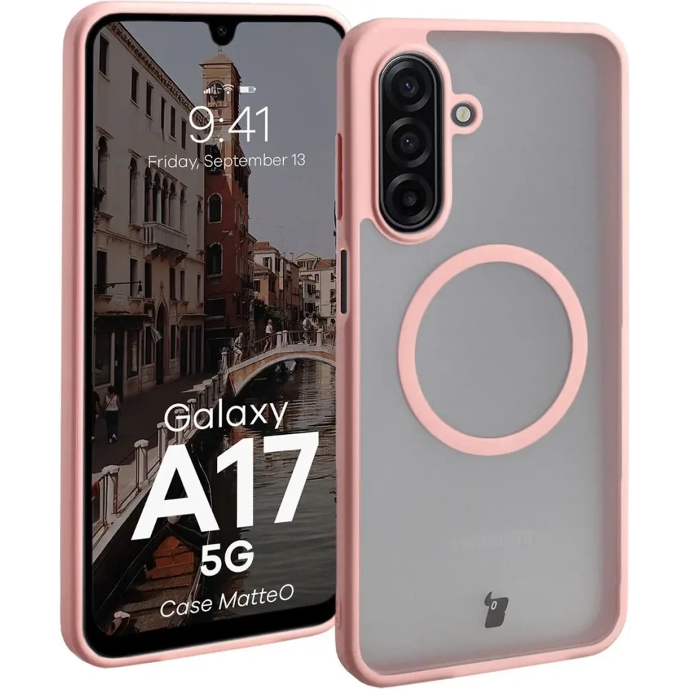 Etui z pierścieniem magnetycznym Bizon Case MatteO do Samsung Galaxy A17 5G przydymione-jasnoróżowe