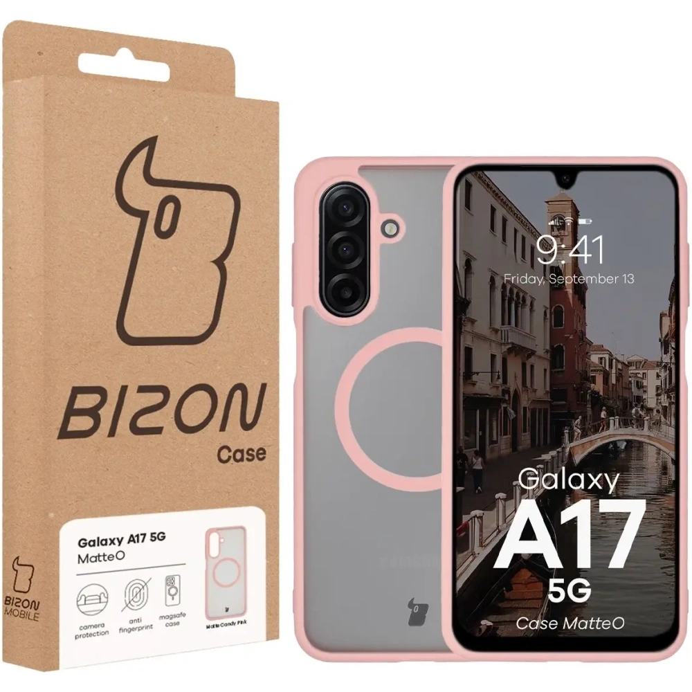 Etui z pierścieniem magnetycznym Bizon Case MatteO do Samsung Galaxy A17 5G przydymione-jasnoróżowe