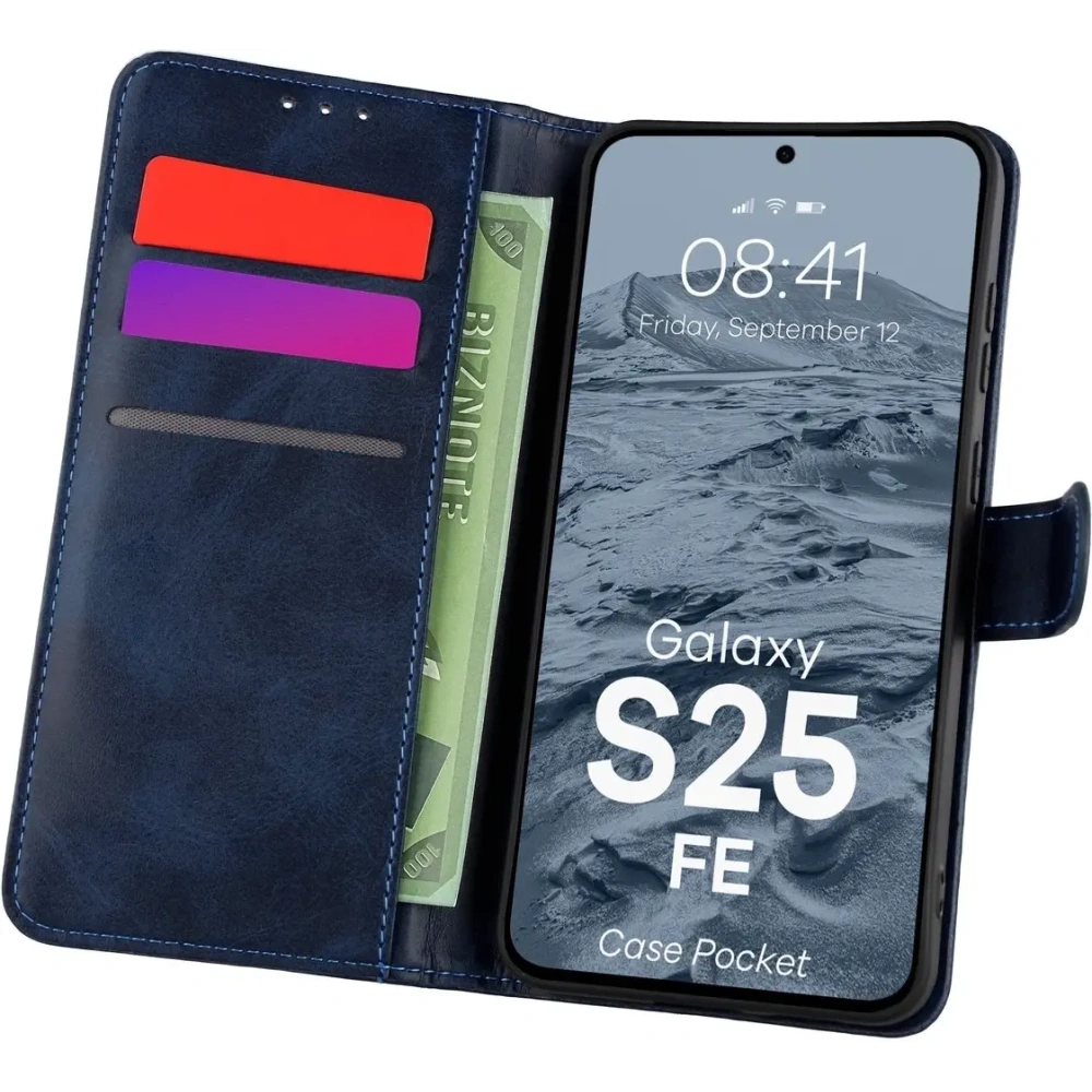 Etui z klapką Bizon Case Pocket do Samsung Galaxy S25 FE granatowe