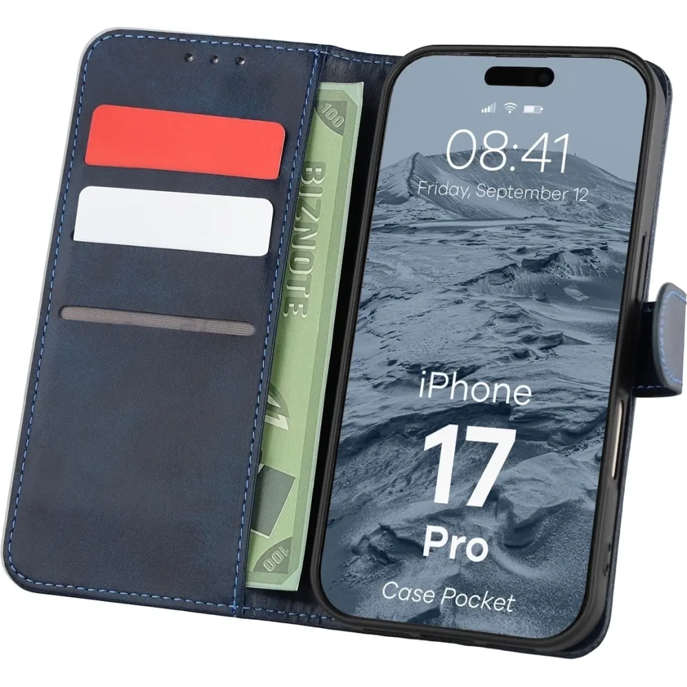 Etui z klapką Bizon Case Pocket do Apple iPhone 17 Pro granatowe