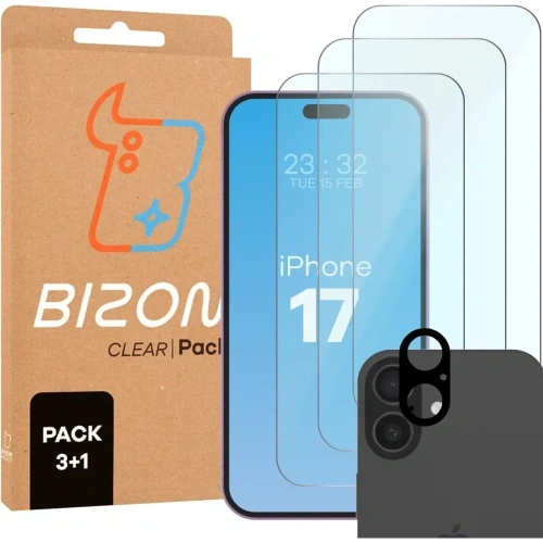 3x Szkło hartowane + szybka na aparat Bizon Glass Clear Pack do Apple iPhone 17