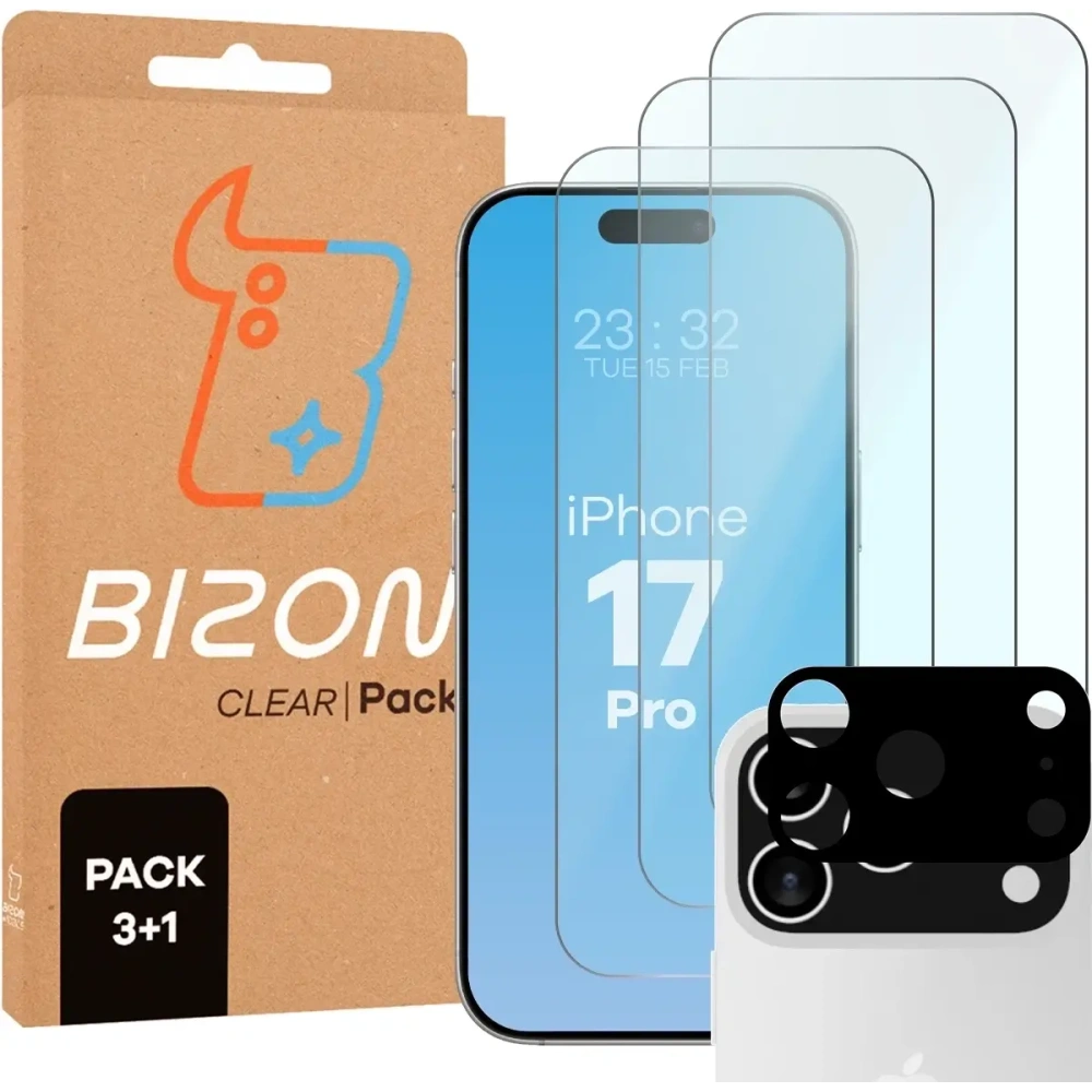 3x Szkło hartowane + szybka na aparat Bizon Glass Clear Pack do Apple iPhone 17 Pro