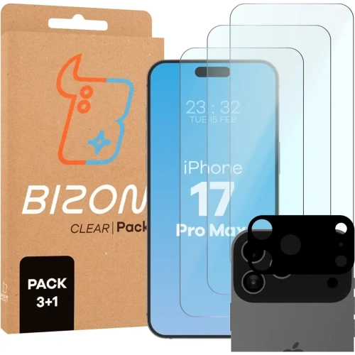 3x Szkło hartowane + szybka na aparat Bizon Glass Clear Pack do Apple iPhone 17 Pro Max