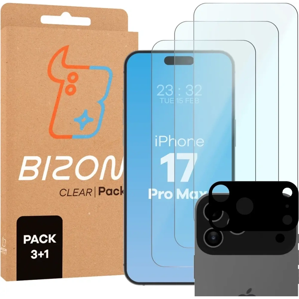 3x Szkło hartowane + szybka na aparat Bizon Glass Clear Pack do Apple iPhone 17 Pro Max