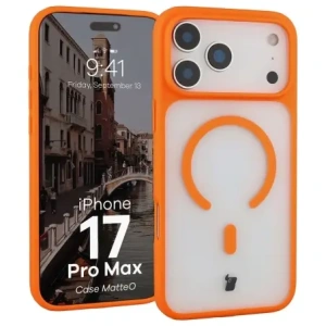 Etui z pierścieniem magnetycznym Bizon Case MatteO do Apple iPhone 17 Pro Max przydymione-pomarańczowe