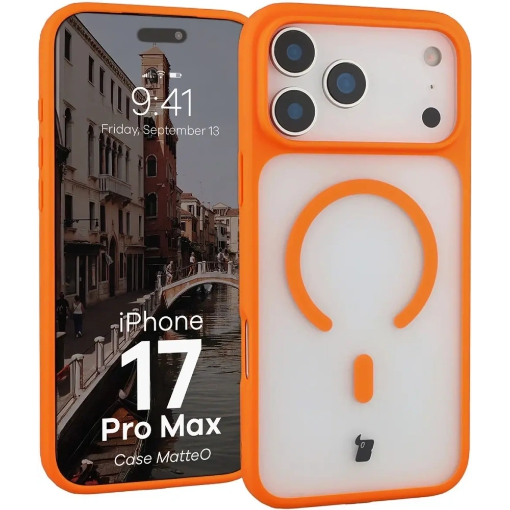 Etui z pierścieniem magnetycznym Bizon Case MatteO do Apple iPhone 17 Pro Max przydymione-pomarańczowe