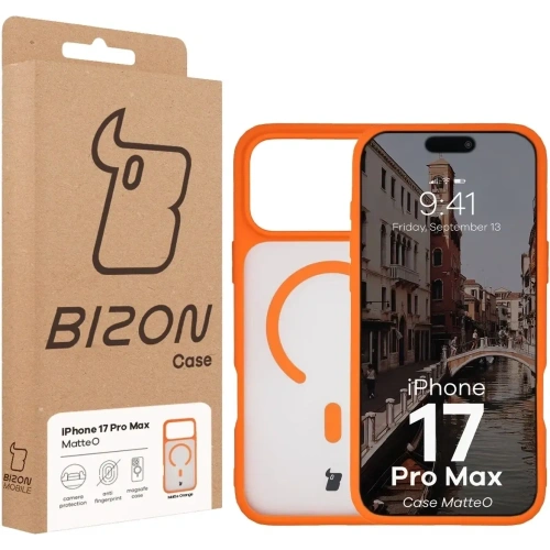 Etui z pierścieniem magnetycznym Bizon Case MatteO do Apple iPhone 17 Pro Max przydymione-pomarańczowe
