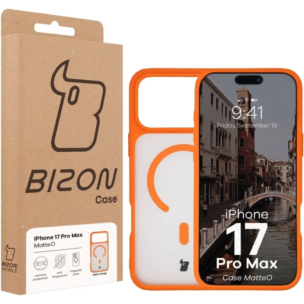 Etui z pierścieniem magnetycznym Bizon Case MatteO do Apple iPhone 17 Pro Max przydymione-pomarańczowe