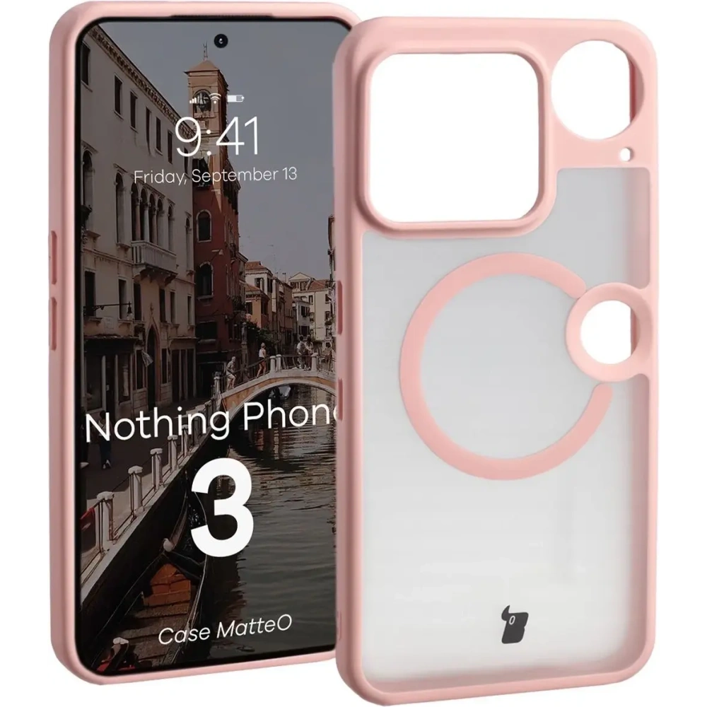 Etui z pierścieniem magnetycznym Bizon Case MatteO do Nothing Phone (3) przydymione-jasnoróżowe