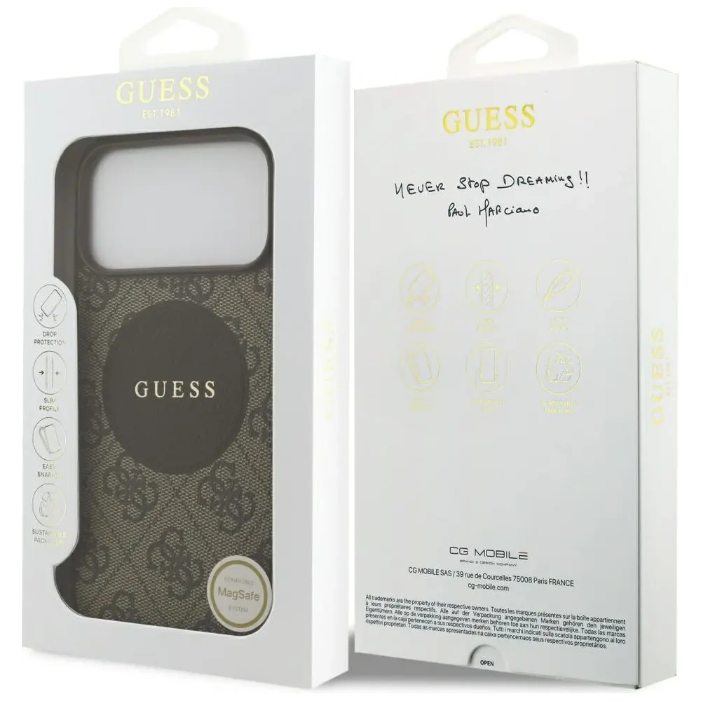 Etui Guess 4G Circle Classic Logo MagSafe do Apple iPhone 17 Pro Max brązowy