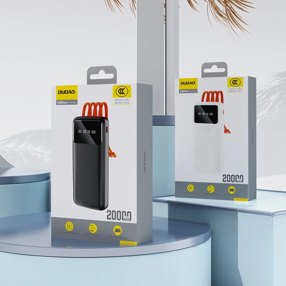Powerbank DUDAO K6 Pro 10000mAh z kablem USB-A, USB-C, Lightning biały