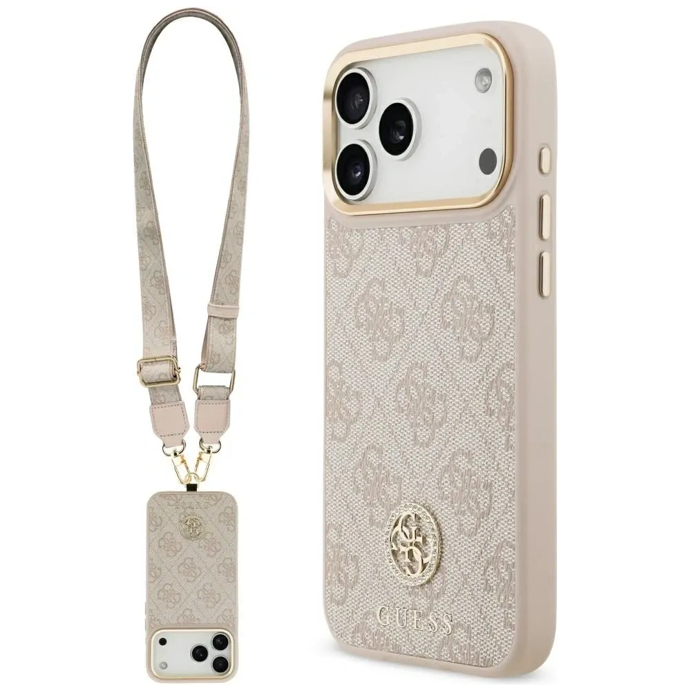 Etui Guess 4G Strass Logo & Big Strap Metal Buttons MagSafe do Apple iPhone 17 Pro Max różowy