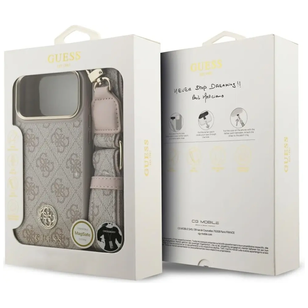 Etui Guess 4G Strass Logo & Big Strap Metal Buttons MagSafe do Apple iPhone 17 Pro Max różowy
