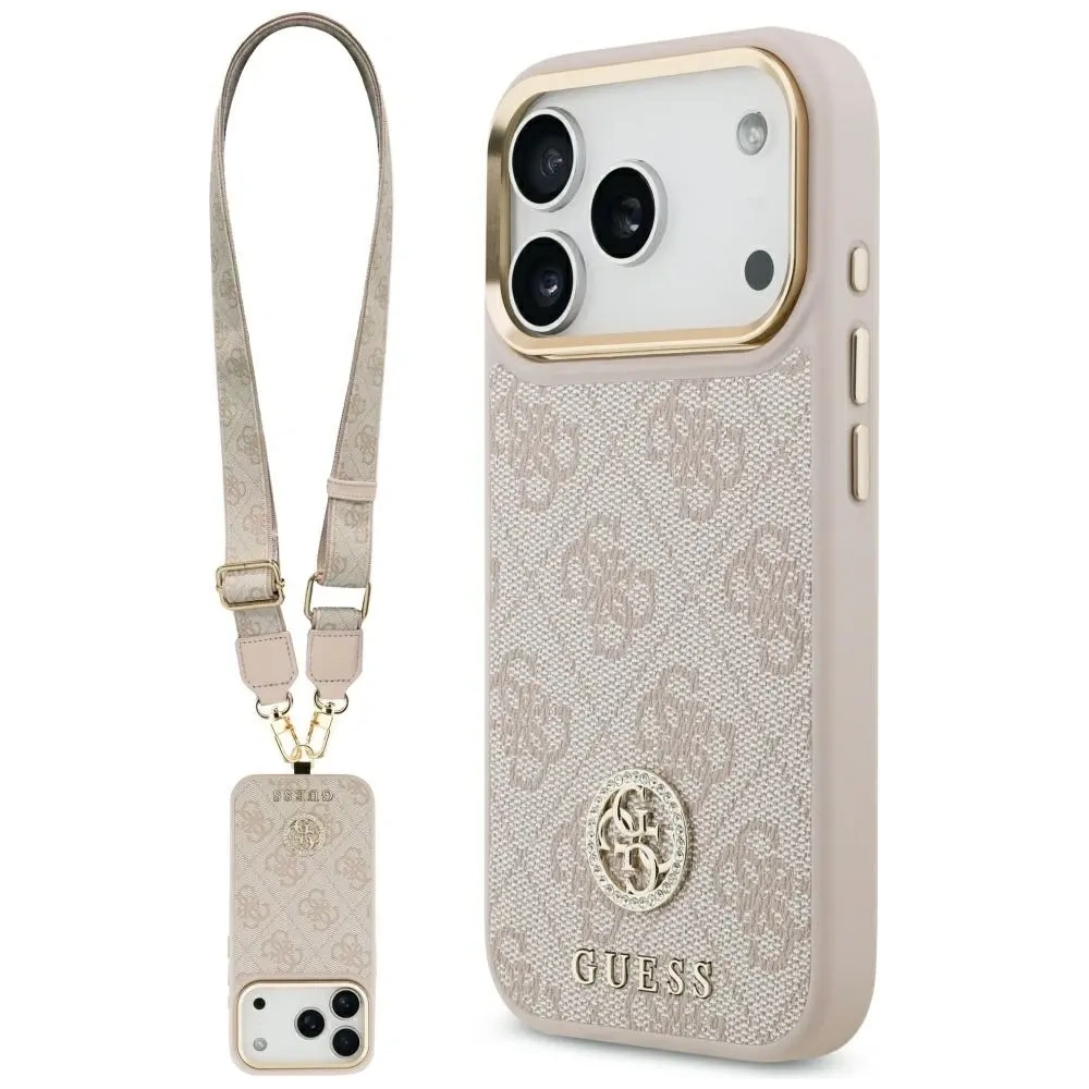 Etui Guess 4G Strass Logo & Big Strap Metal Buttons MagSafe do Apple iPhone 17 Pro różowy