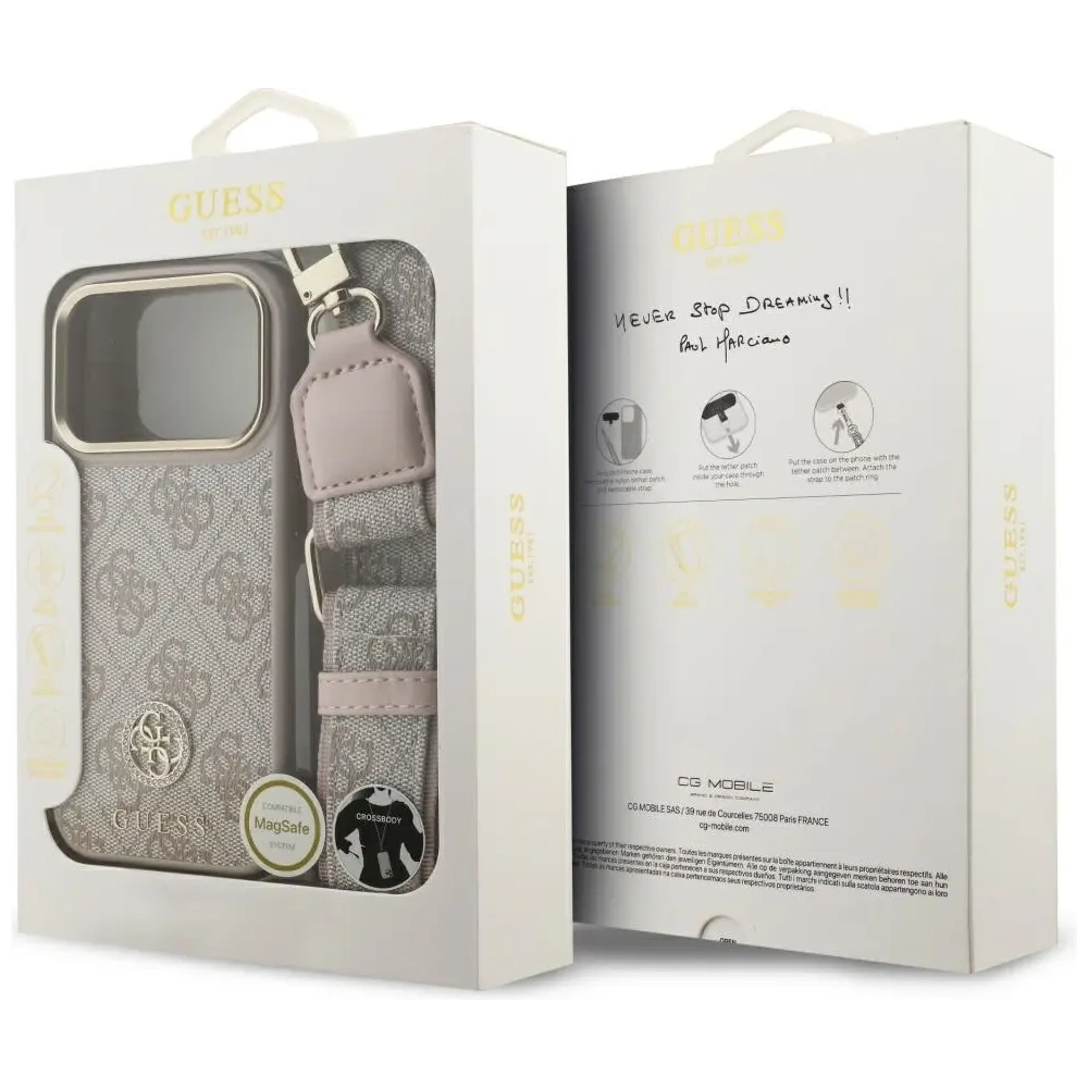 Etui Guess 4G Strass Logo & Big Strap Metal Buttons MagSafe do Apple iPhone 17 Pro różowy
