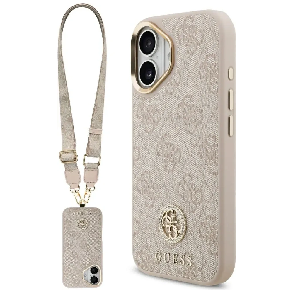 Etui Guess 4G Strass Logo & Big Strap Metal Buttons MagSafe do Apple iPhone 17 różowy