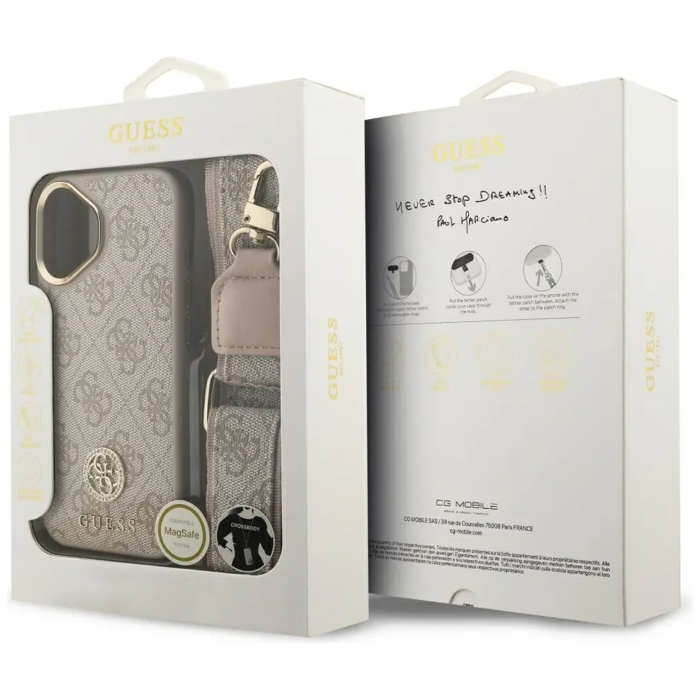 Etui Guess 4G Strass Logo & Big Strap Metal Buttons MagSafe do Apple iPhone 17 różowy