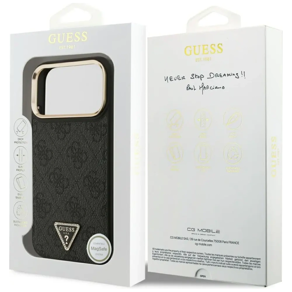 Etui Guess 4G Triangle Logo MagSafe do Apple iPhone 17 Pro Max czarny złoty