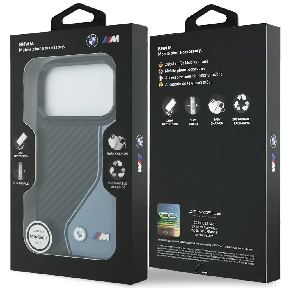 Etui BMW M Carbon Logo MagSafe do Apple iPhone 17 Pro niebieski