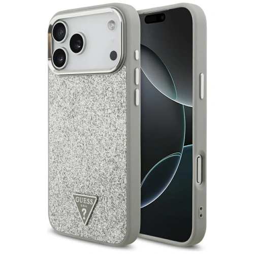 Etui Guess Glitter Triangle Logo MagSafe do Apple iPhone 17 Pro Max srebrny