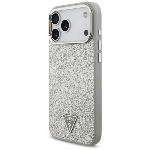 Etui Guess Glitter Triangle Logo MagSafe do Apple iPhone 17 Pro Max srebrny
