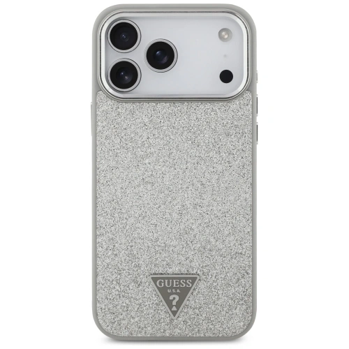 Etui Guess Glitter Triangle Logo MagSafe do Apple iPhone 17 Pro Max srebrny
