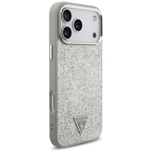 Etui Guess Glitter Triangle Logo MagSafe do Apple iPhone 17 Pro Max srebrny