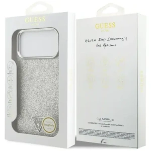 Etui Guess Glitter Triangle Logo MagSafe do Apple iPhone 17 Pro Max srebrny