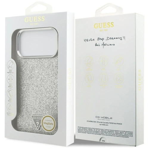 Etui Guess Glitter Triangle Logo MagSafe do Apple iPhone 17 Pro Max srebrny
