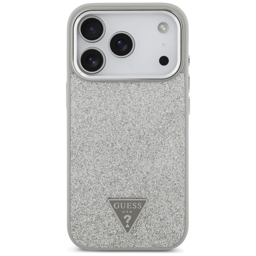 Etui Guess Glitter Triangle Logo MagSafe do Apple iPhone 17 Pro srebrny
