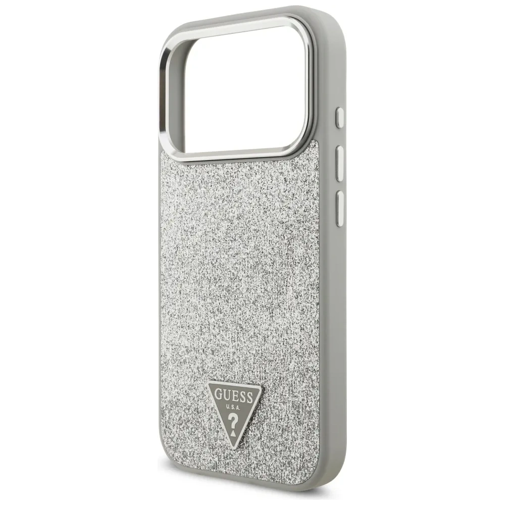 Etui Guess Glitter Triangle Logo MagSafe do Apple iPhone 17 Pro srebrny