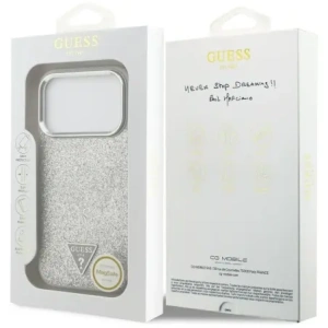 Etui Guess Glitter Triangle Logo MagSafe do Apple iPhone 17 Pro srebrny