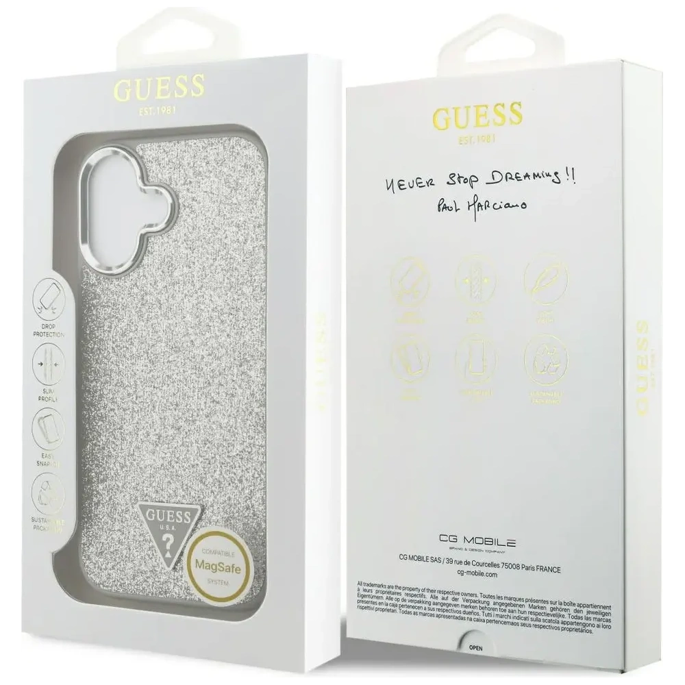 Etui Guess Glitter Triangle Logo MagSafe do Apple iPhone 17 srebrny