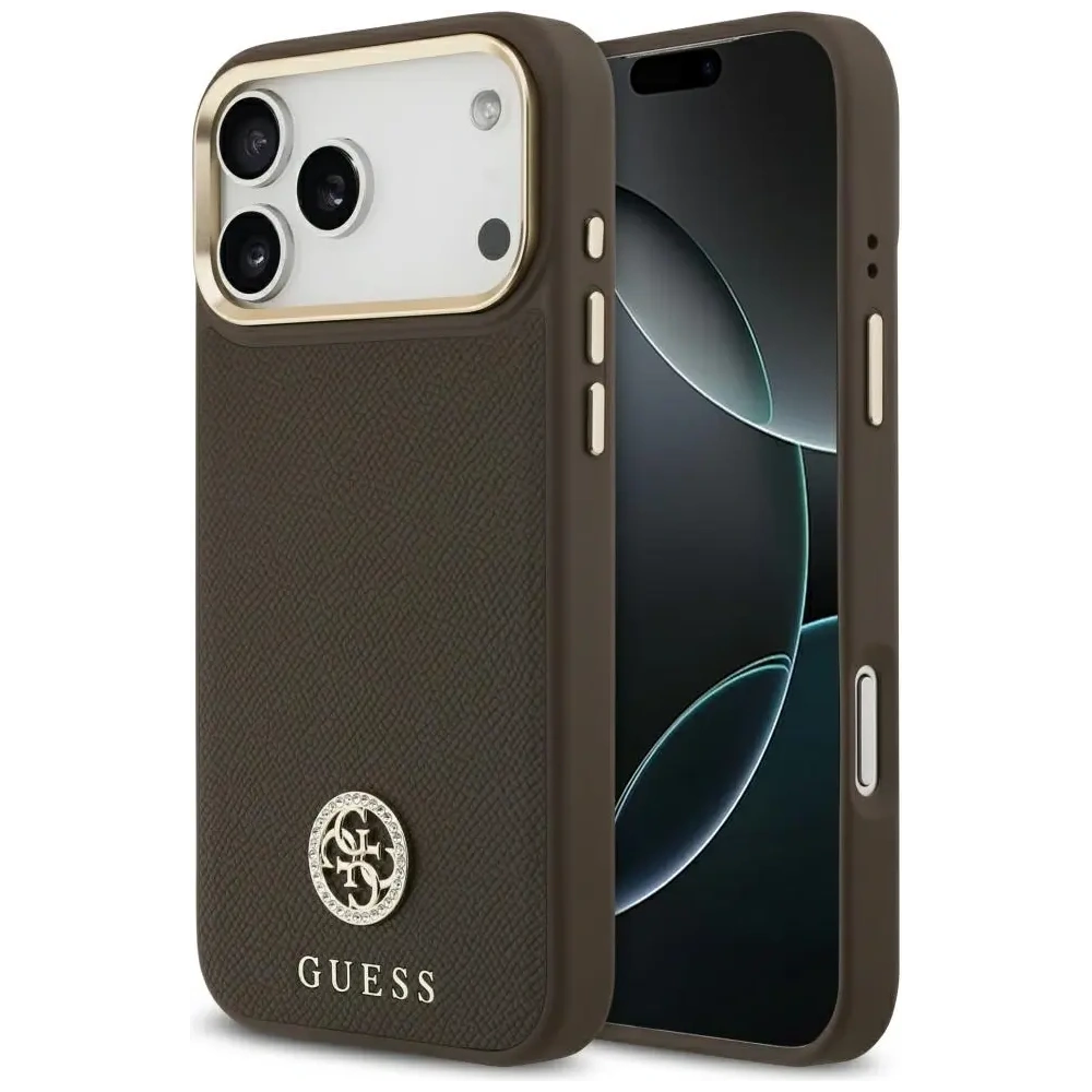 Etui Guess Grained Strass Logo MagSafe do Apple iPhone 17 Pro Max brązowy
