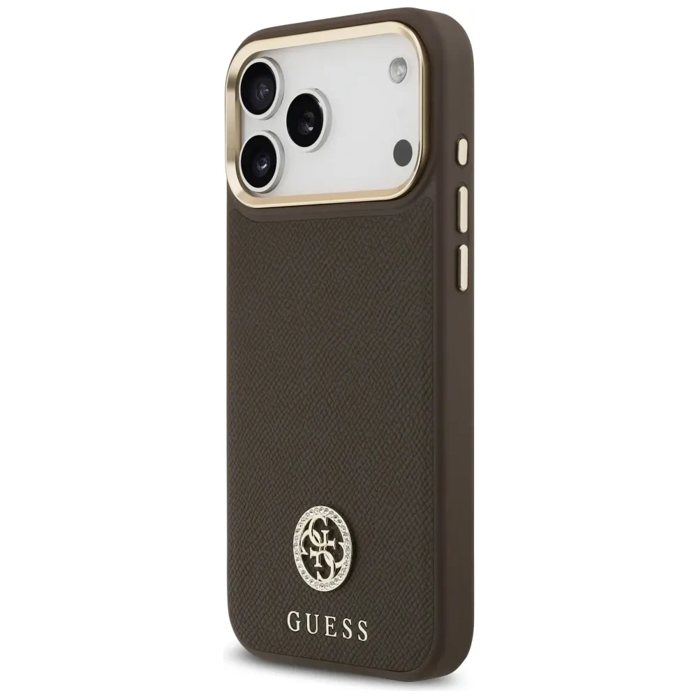 Etui Guess Grained Strass Logo MagSafe do Apple iPhone 17 Pro Max brązowy
