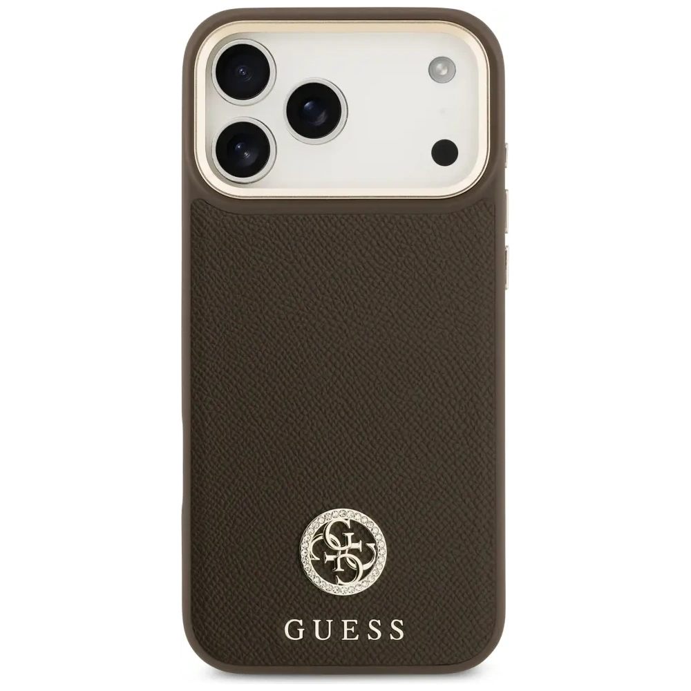 Etui Guess Grained Strass Logo MagSafe do Apple iPhone 17 Pro Max brązowy