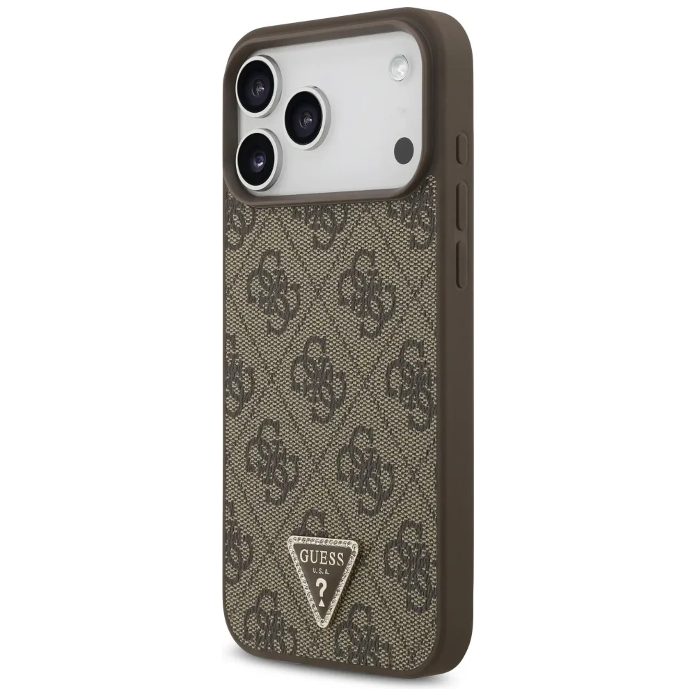 Etui Guess Leather 4G Triangle Strass MagSafe do Apple iPhone 17 Pro Max brązowy