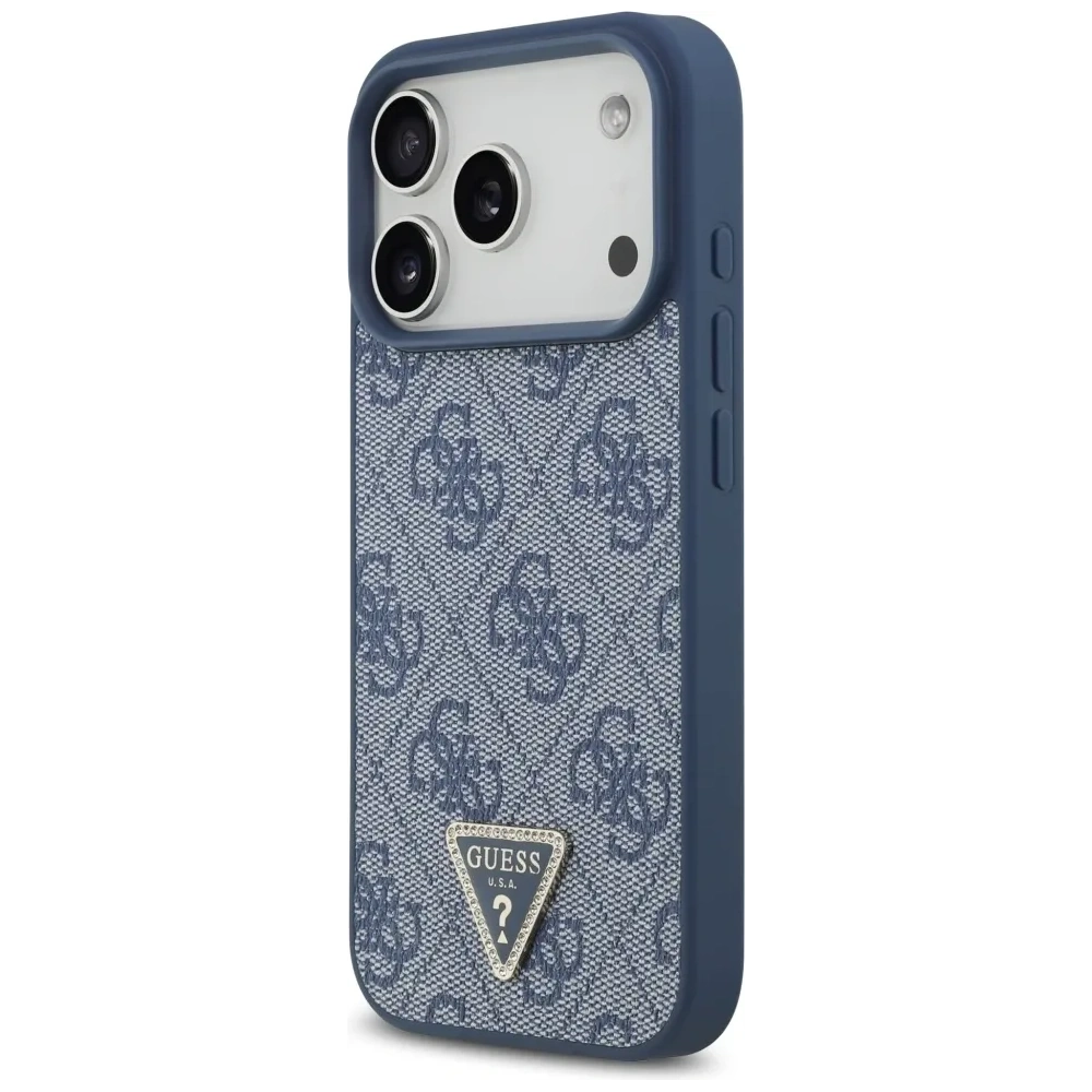 Etui Guess Leather 4G Triangle Strass MagSafe do Apple iPhone 17 Pro niebieski