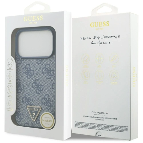Etui Guess Leather 4G Triangle Strass MagSafe do Apple iPhone 17 Pro niebieski
