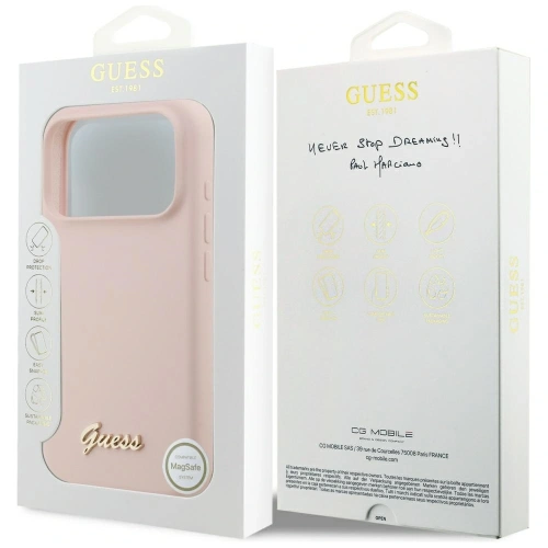 Etui Guess Silicone Script Metal Logo MagSafe do Apple iPhone 17 Pro różowy