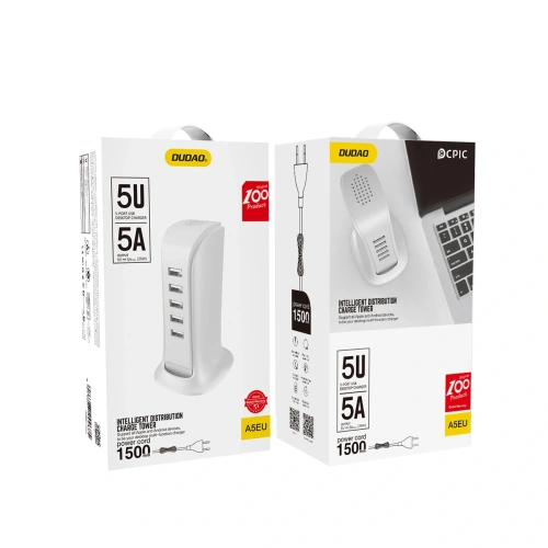 Ładowarka sieciowa DUDAO A5 EU 5xUSB-A z wbudowanym kablem sieciowym EU biały