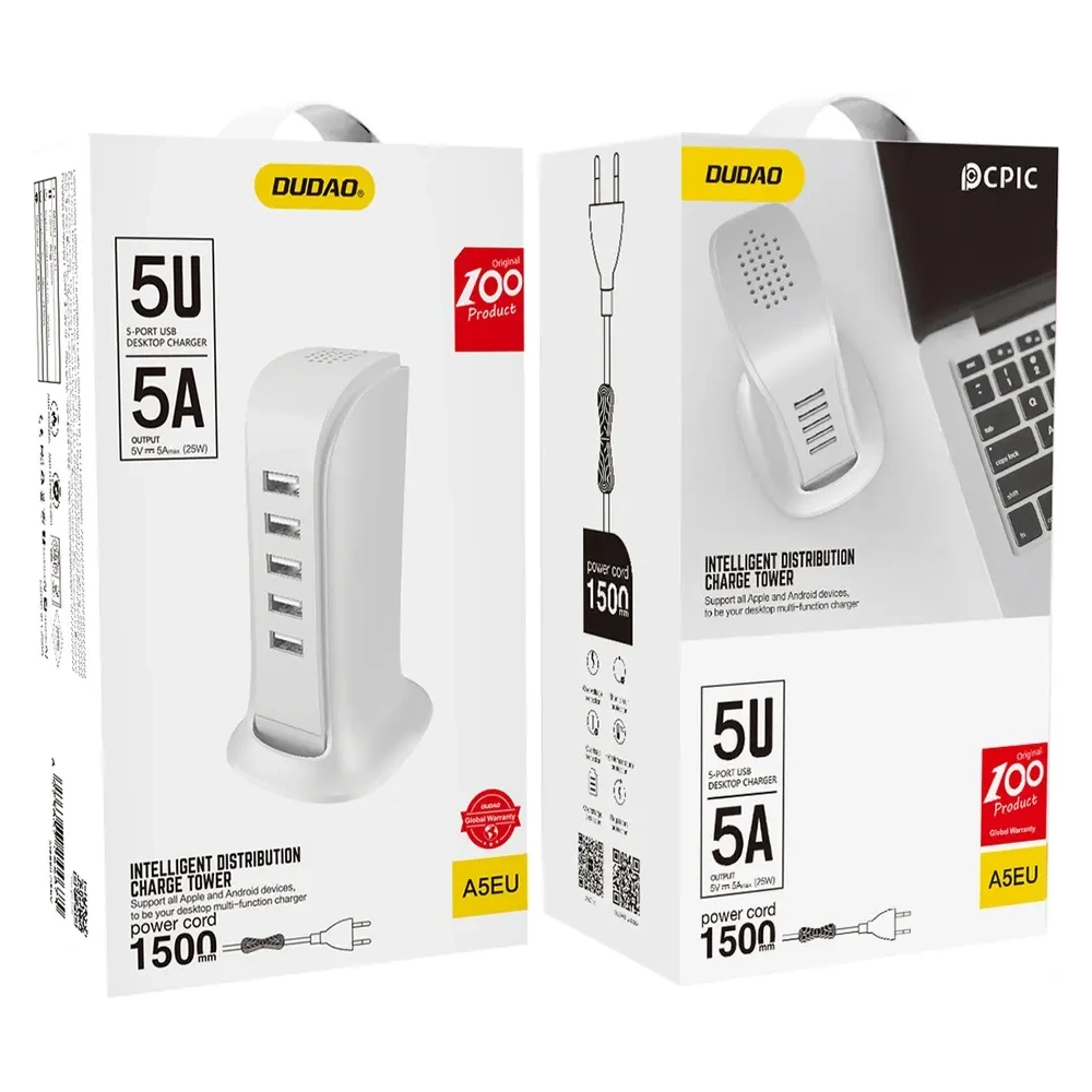 Ładowarka sieciowa DUDAO A5 EU 5xUSB-A z wbudowanym kablem sieciowym EU biały