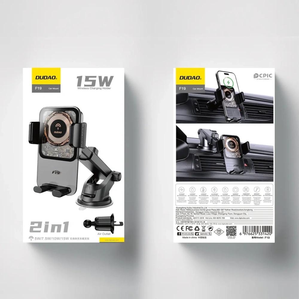 Uchwyt samochodowy DUDAO F19 zaciskowy z ładowarką indukcyjną 15W czarny